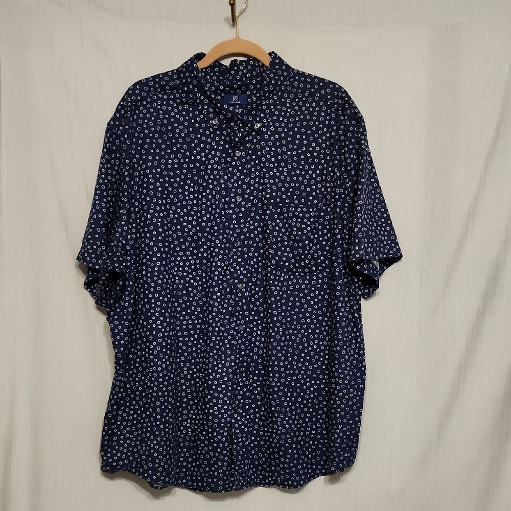 George Mens Casual Short Sleeve Button Front Shirt Blue White Abstract Pattern